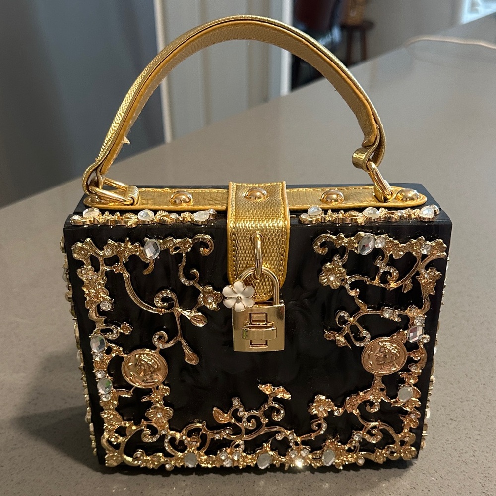 Black and Gold Embellished Bag with Shoulder Strap